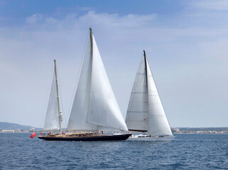 Sailing yacht at Mediterranean Sea. Sail. Boat. Palma de Mallorca. Super sailing yacht. Full sail.