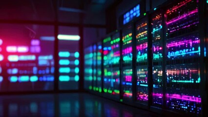A dark room filled with tall racks of multi-colored servers with bright lights. - Powered by Adobe