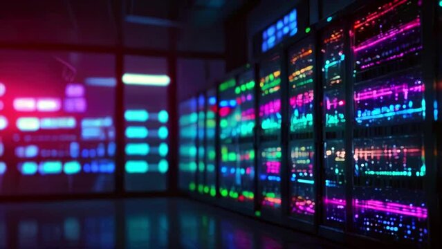 A dark room filled with tall racks of multi-colored servers with bright lights. - Powered by Adobe