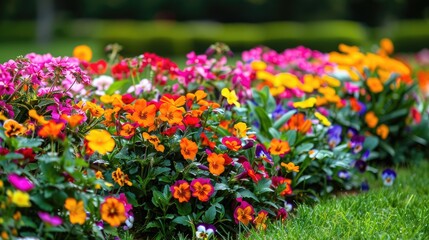 Vivid Flower Bed Brimming with Colorful Summer Blossoms in the Park