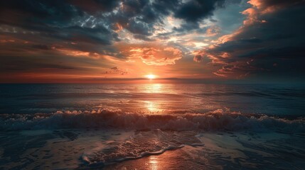 Scenic sunset over the ocean with dark clouds