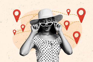 Composite photo collage of astonished girl hold sunglass wear glamour hat dress lost way gps icon...