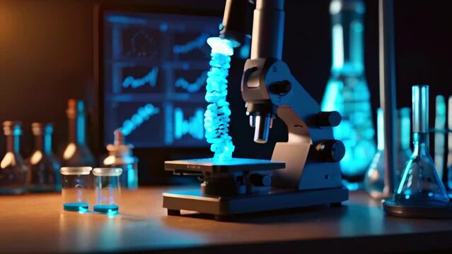A laboratory scene with a microscope, computer monitor, and various glassware.