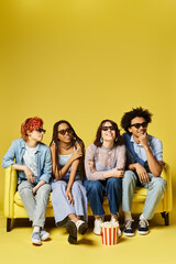 Fototapeta premium Multicultural group in stylish attire relaxes on a vibrant yellow couch in a studio setting.