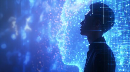 Businessman talk speak chat discuss with glowing blue light hologram Artificial Intelligence AI translucent futuristic humanoid robot Asian male in suit