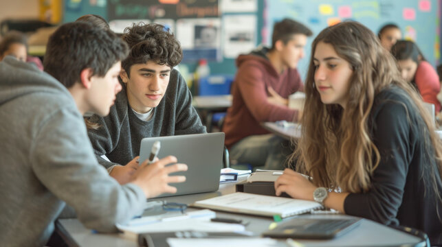 Group of high school students collaborating on a project with a laptop in a classroom
