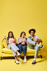 Fototapeta premium A diverse group of young friends, including a nonbinary person, sitting comfortably on a vibrant yellow couch in a stylish setting.