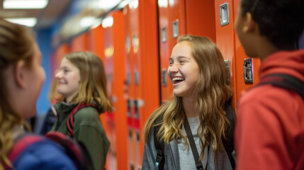 Obraz premium Group of teenagers laughing and talking near bright orange lockers in a school hallway