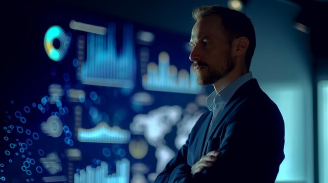 Businessman look at big screens with business data analysis candle pie chart graph side face of Caucasian male in suit at office