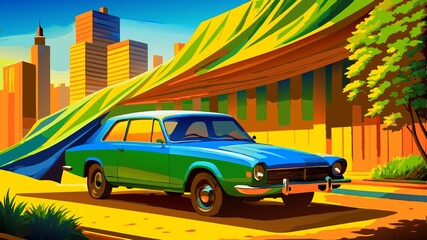 Retro car on the road in the city. Vector illustration.