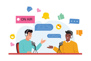 Two podcasters in a lively discussion, each equipped with a headset and microphone. The background features social media icons such as likes, dislikes, chat bubbles, and emoji. 