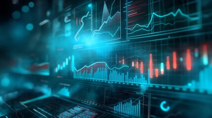 Business hologram screen stock trading futures candle chart world map glowing interface panel