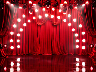 Bold red stage theater spot arch lights draping curtain hanging lace lux Hollywood bokeh magic movie empty show solid fabric backdrop background party photobooth opera opening night drama play musical