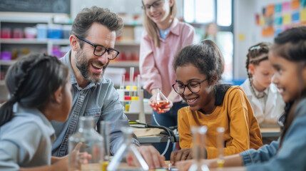 Teacher guiding diverse students in science experiment in a classroom setting with chemistry equipment