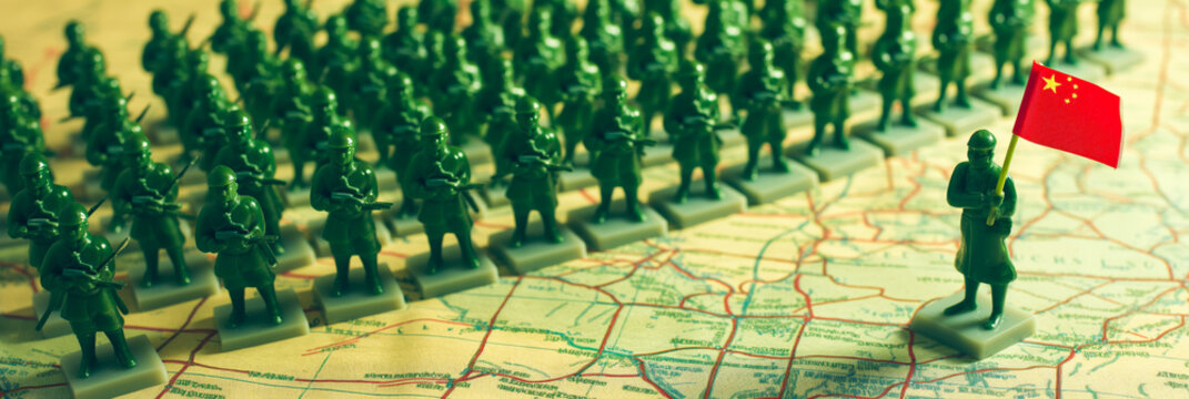 Toy soldier army on a map holding a Chinese flag. - Powered by Adobe