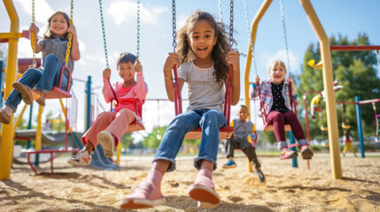 Diverse group of children playing on swings at a colorful playground on a sunny day