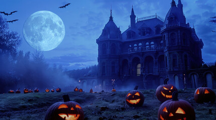Spooky castle is standing on a hill on halloween night with carved pumpkins in the foreground and bats flying under a full moon