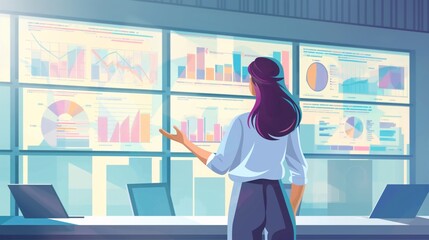 Businesswoman speak talk present at multiple screens with business data candle pie chart graph financial report Caucasian female in button shirt in company meeting room