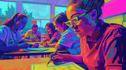 Obraz premium Vibrant digital artwork of diverse students concentrating on assignments in a colorful classroom setting