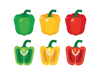 Green, yellow and red Bell pepper icon set vector. Fresh bell peppers icon set isolated on a white background. Bell Pepper cut in half illustration. Capsicum graphic design element