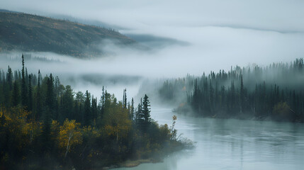 Serene scene of the Whitehorse River winding through dense forest in Yukon, Canada, on cloudy day.Mist rises from the water, blending with low lying clouds to create mystical and tranquil atmosphere