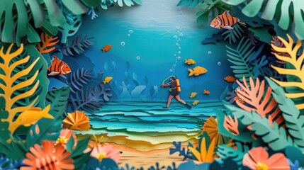 Stunning summer concept paper art depicting a vibrant tropical beach scene with a scuba diver exploring the underwater coral reef and diverse marine life