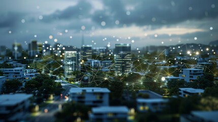 An aerial view of a city at night, with glowing buildings and a network of connections in the sky.