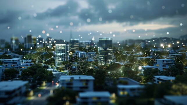 An aerial view of a city at night, with glowing buildings and a network of connections in the sky.