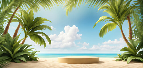  Beach podium summer background sand product 3D sea display platform. Beach podium summer banner stand scene sale sky holiday vacation stage water island sun travel pedestal promotion presentation ad.