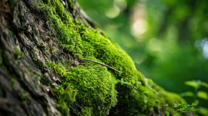 The moss growing on the aged tree trunk