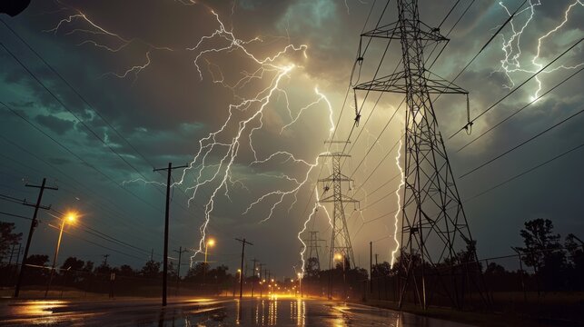 A powerful lightning bolt strikes a power line during a nighttime storm. The storm clouds are dark and dramatic, and the lightning illuminates the surrounding area. - Powered by Adobe