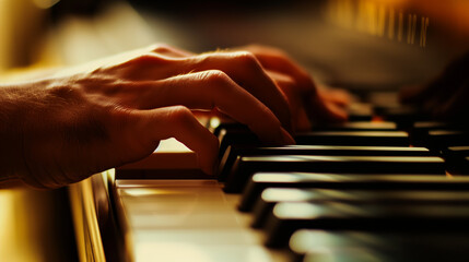 A musician's fingers delicately pressing piano keys during an emotional piece captured in tight focus.