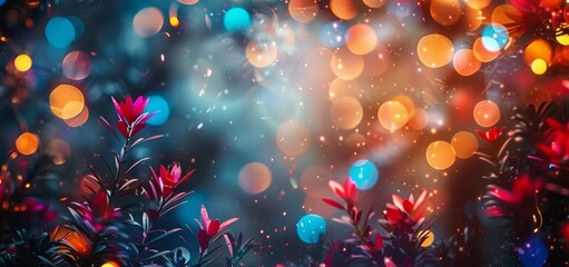 Festive Red Flowers and Colorful Bokeh Lights in the Night