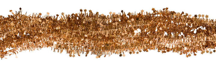 Christmas gold tinsel decoration for holiday isolated on transparent background. Border