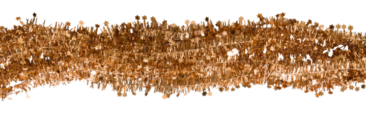 Christmas gold tinsel decoration for holiday isolated on transparent background. Border