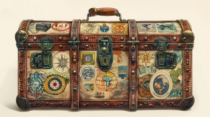 An old, worn leather travel trunk with stickers and brass accents