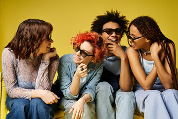 A group of young multicultural friends, including a nonbinary person, sitting closely together in stylish attire in a studio setting.