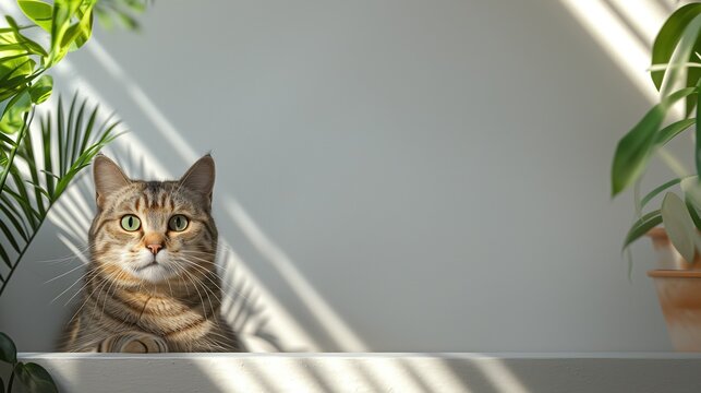 Well-Behaved Cat Beside Greenery Gazing at the Camera: Your Feline Companion for Video Calls. Zoom Virtual Meetings Background.