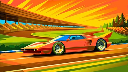 Obraz premium Car on the road in the mountains at sunset. Vector illustration.