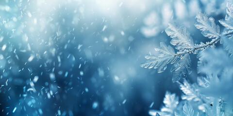 Frosty Winter Leaf with Snowfall. Frosty winter leaf with delicate ice crystals and snowfall in a cold, blue-toned atmosphere.
