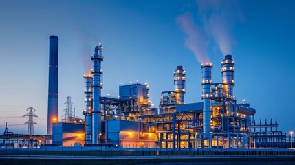 Obraz premium A large industrial complex with tall smokestacks and illuminated buildings, taken at dusk.