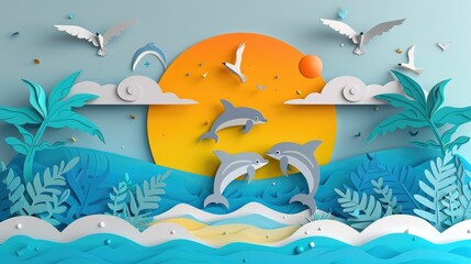 Enchanting paper art showcasing a tropical beach scene with playful dolphins leaping through the ocean waves and graceful seabirds soaring overhead against a stunning sunset backdrop