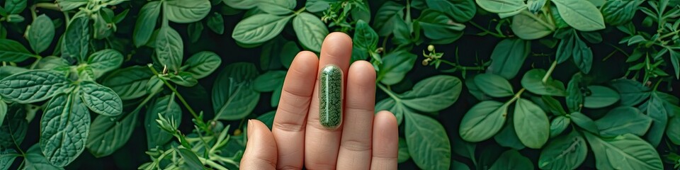 vegetables greens hand holding a capsule. Selective focus