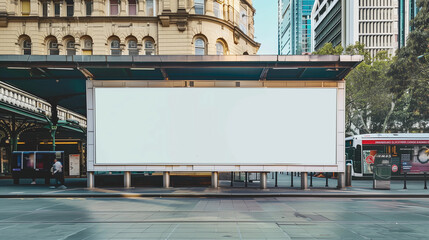 Blank white mock up large billboard sign tram bus stop shelter advertising board template street marketing public transport signage urban cityscape minimalist design promotional transit hub Sydney ad
