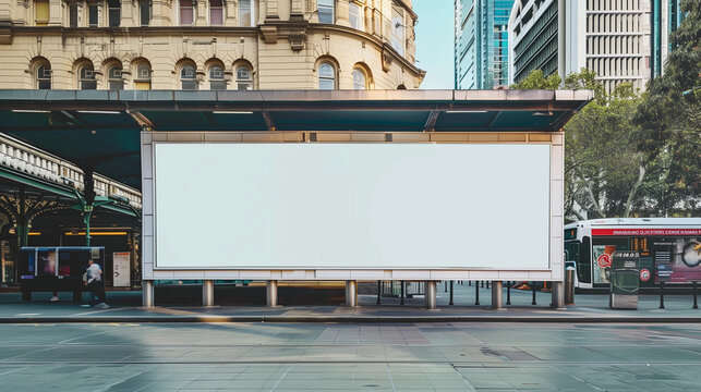 Blank white mock up large billboard sign tram bus stop shelter advertising board template street marketing public transport signage urban cityscape minimalist design promotional transit hub Sydney ad