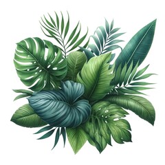 Vibrant watercolor illustration of various tropical leaves in lush green tones on a white background, perfect for fresh and botanical designs.