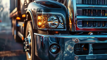 The concept of cargo transportation. A black truck is parked on the side of the highway. Front view of a heavy truck. Front headlight close-up. A place to copy.