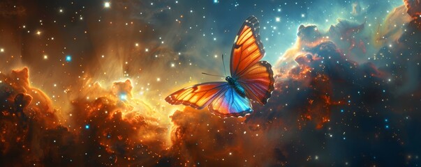 Vibrant butterfly gracefully soars through a dreamy cosmic sky, blending nature and space in a surreal and captivating scene.