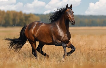 Obraz premium Brown Horse Running Through Autumn Field
