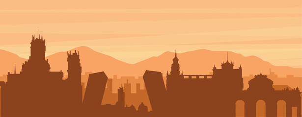 Brown panoramic poster of the city skyline with misty background buildings, sunrise, clouds and mountains of MADRID, SPAIN